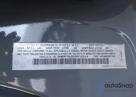 2012 Volkswagen Jetta 2.5L Se z USA, uszkodzony, nr VIN 3VWDP7AJ2CM310114